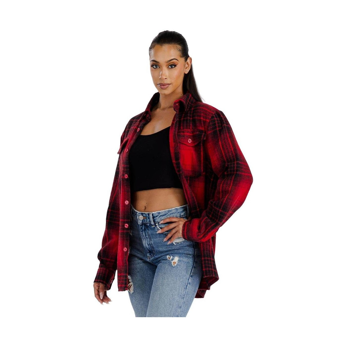 Women's WEIV red black plaid shacket styled with a black crop top and distressed jeans
