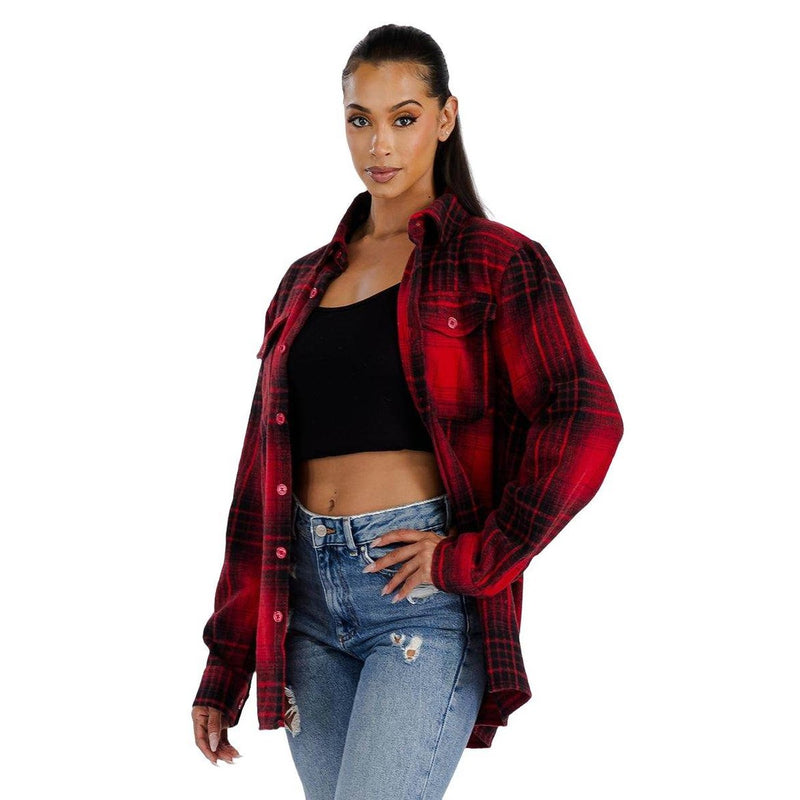 Women's WEIV red black plaid shacket styled with a black crop top and distressed jeans
