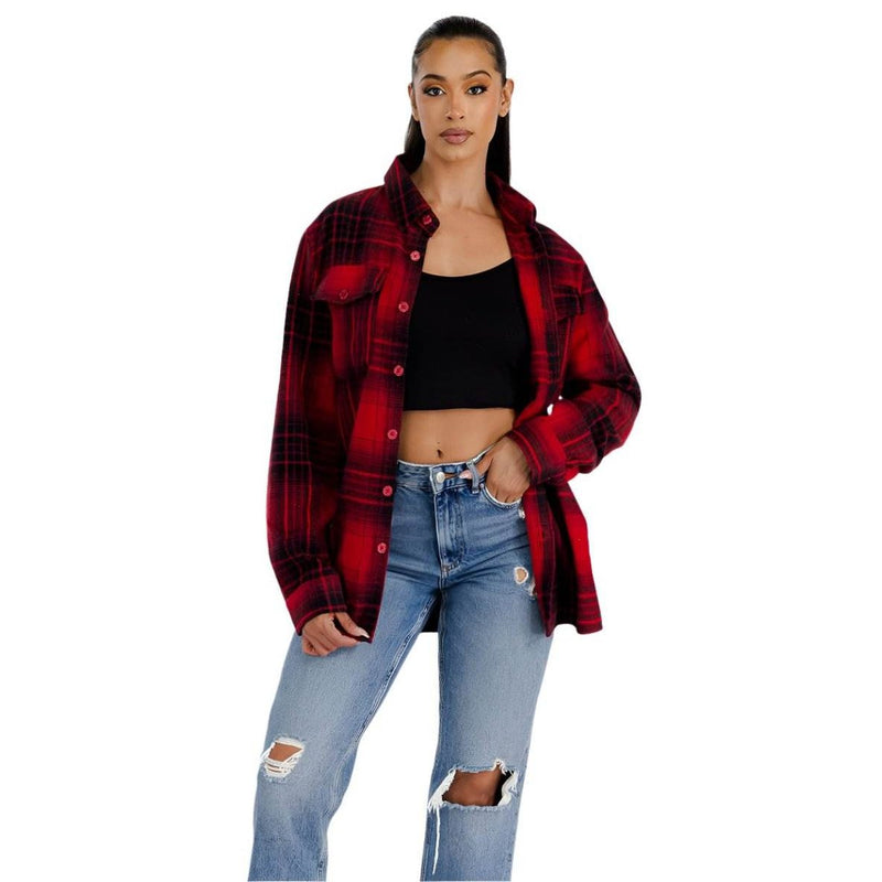 WEIV Red Black Plaid Shacket for Women with Button-Up Front and Casual Style