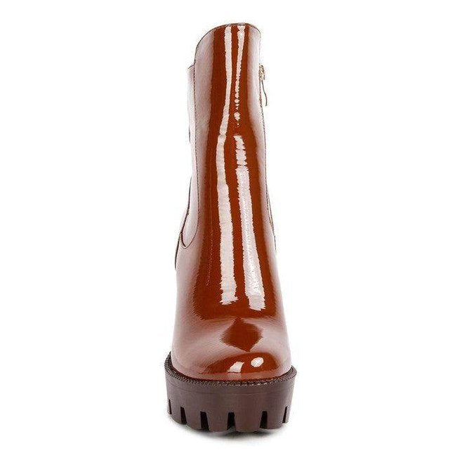 Women's brown high heel boots, glossy finish for stylish occasions