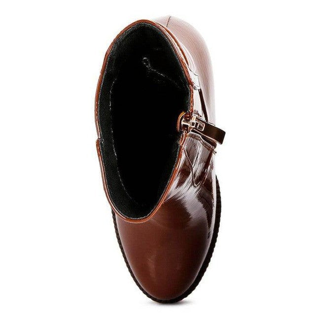 Women's brown patent leather boots with side zipper for stylish wear