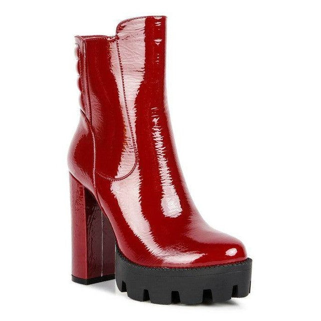 Rag Company red bottom high heel shoes, glossy finish, stylish platform ankle boots
