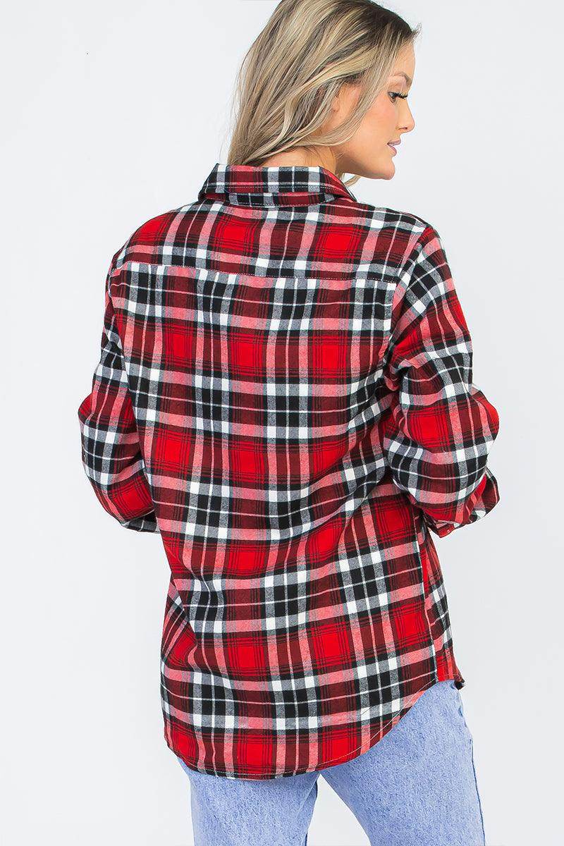 VacationGrabs Women's Red Boyfriend Plaid Flannel Shirt with a Relaxed Fit and Long Sleeves