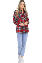 Red boyfriend plaid flannel shirt featuring a relaxed fit and two chest pockets for women