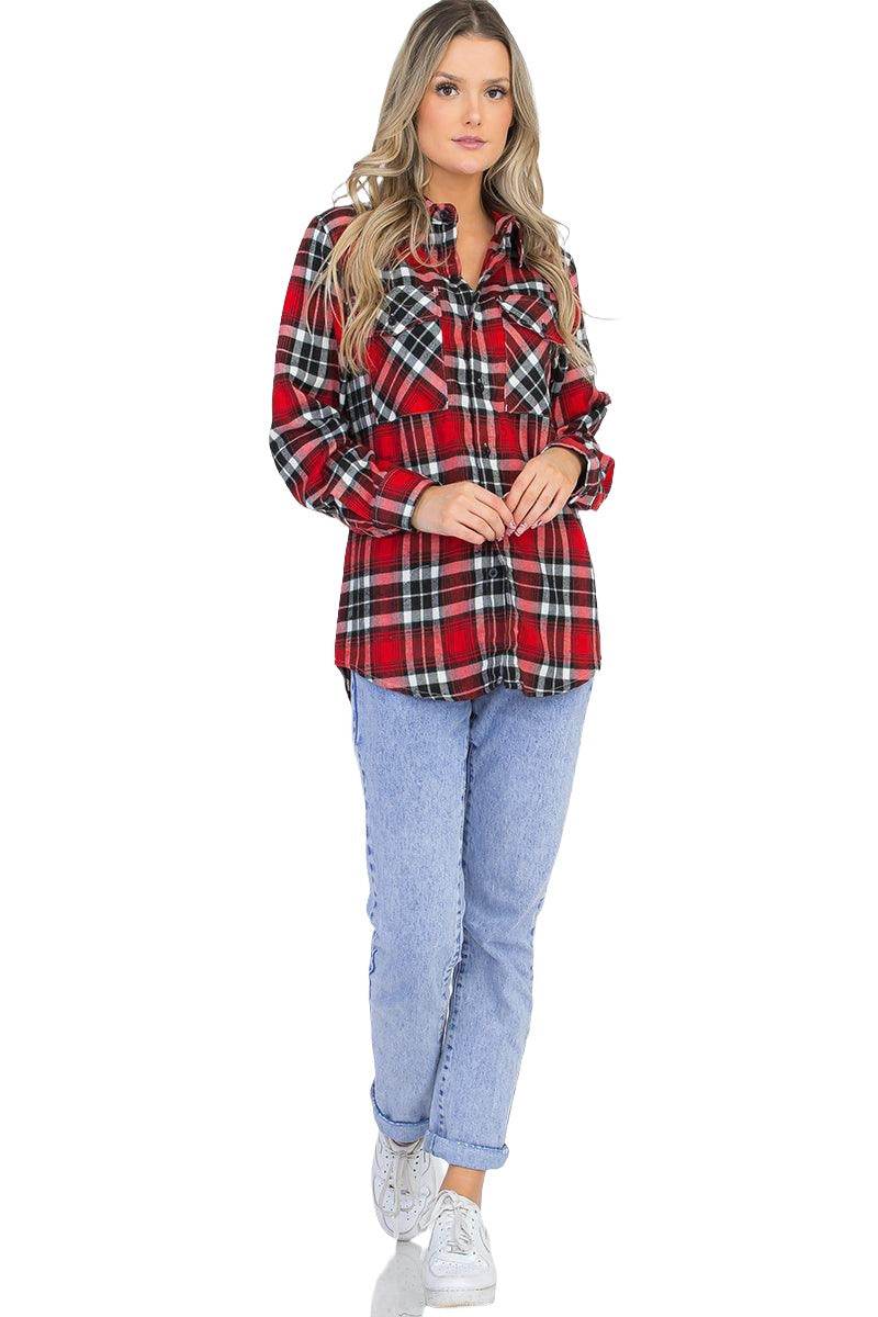 Red boyfriend plaid flannel shirt featuring a relaxed fit and two chest pockets for women