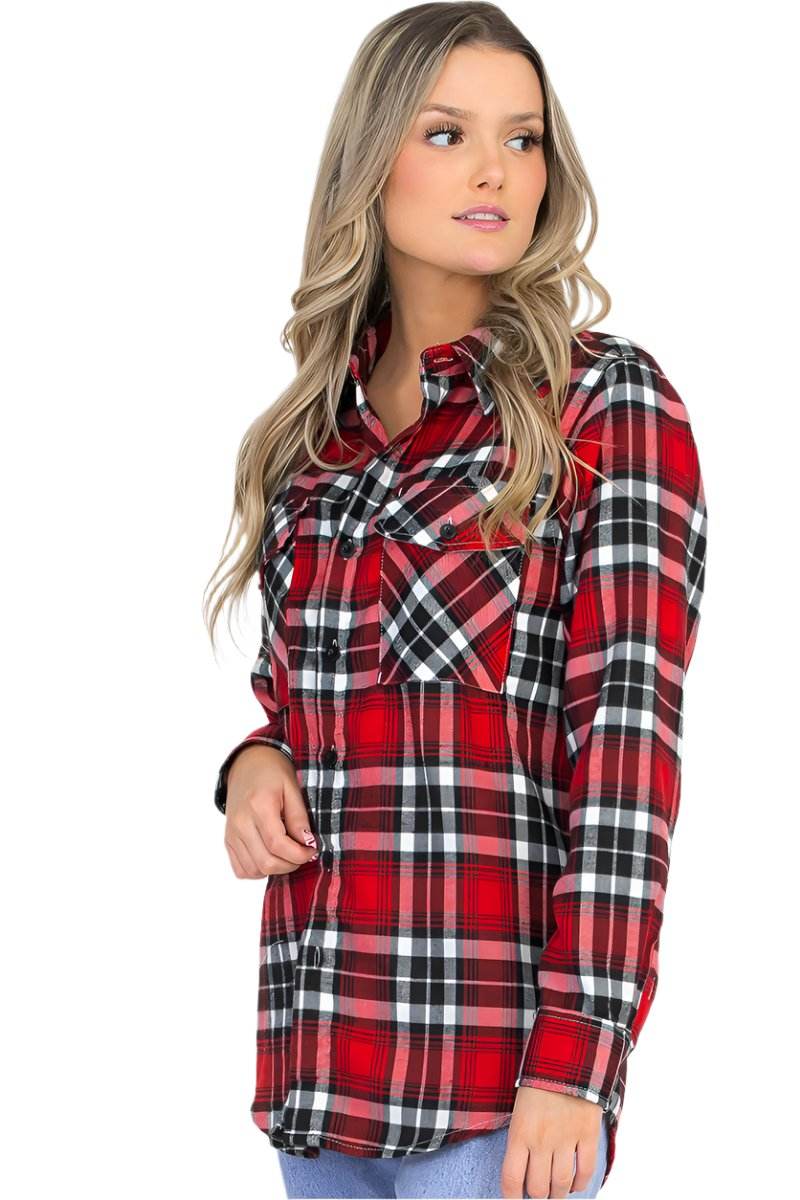 VacationGrabs red boyfriend plaid flannel shirt with a stylish design and pocket details