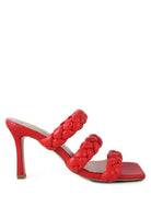 Stylish red braided sandals with three straps and a sleek stiletto heel for a fashionable look