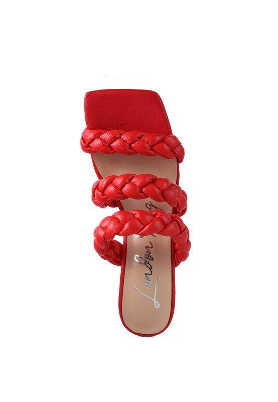 Stylish red braided sandals with a square toe and chunky straps for women's fashion