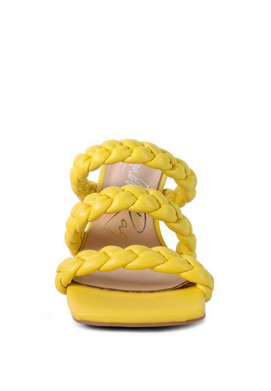 Stylish yellow women's heels with braided straps, not red braided sandals