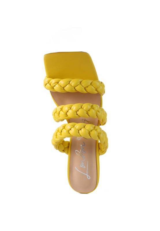 Stylish yellow slide sandals featuring red braided sandals design by Rag Company