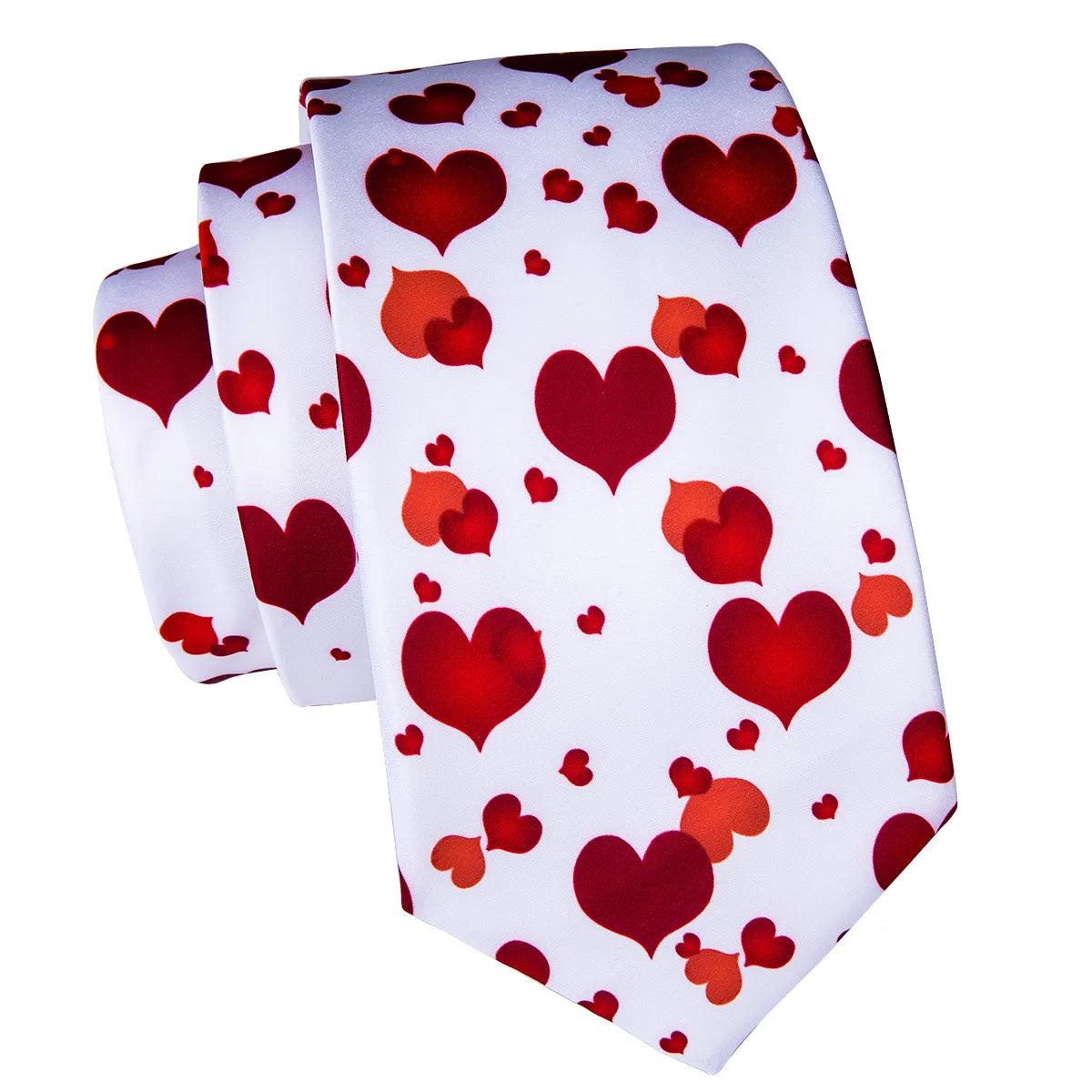 Men's Accessories - Ties Red Heart White Silk Ties For Men Handky Cufflink Gift Mens Necktie