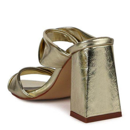 Stylish gold high heeled sandals from Rag Company with a chunky heel for modern elegance