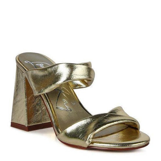 Stylish gold high heeled sandals by Rag Company with a chunky heel and crisscross strap design