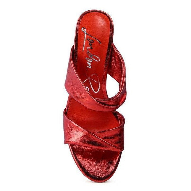 Rag Company red high heeled sandals with stylish cross-strap design and shiny finish