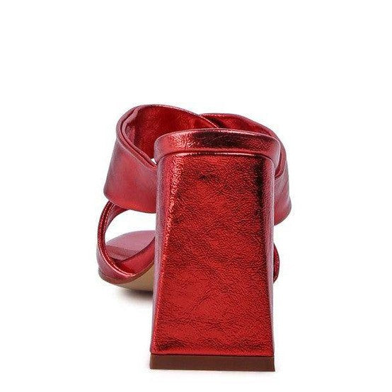 Back view of Rag Company red high heeled sandals with a stylish chunky heel