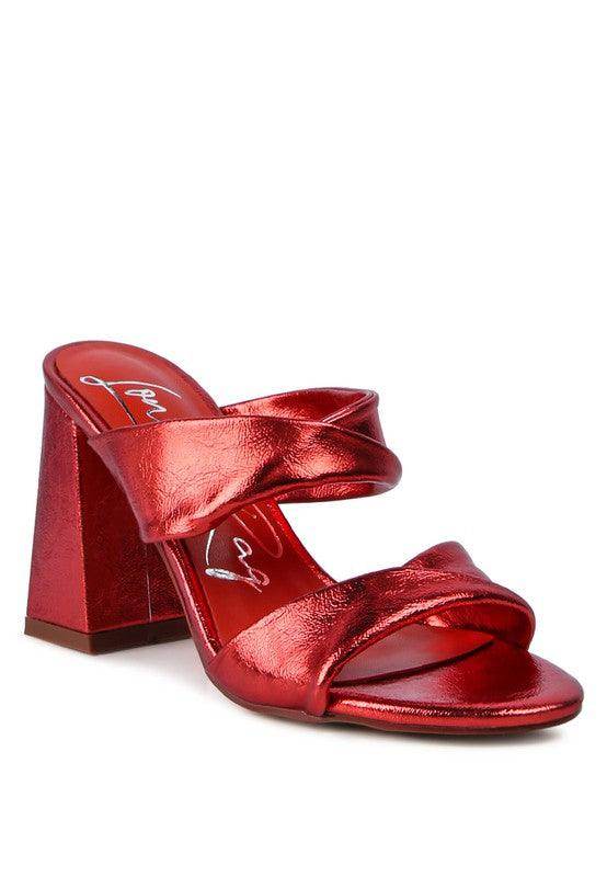 Rag Company red high heeled sandals with stylish cross straps and a chunky heel for elegant occasions