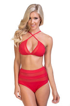Red high waist bikini set, stylish women's swimwear for beach outings