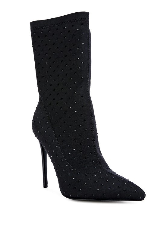 Rag Company black stiletto ankle boots featuring a sleek design and studded embellishments