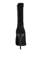 Stylish black ankle boots with stiletto heels and decorative embellishments, featuring a sleek design
