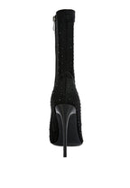 Stylish black ankle boots with stiletto heels and decorative embellishments, featuring a sleek design