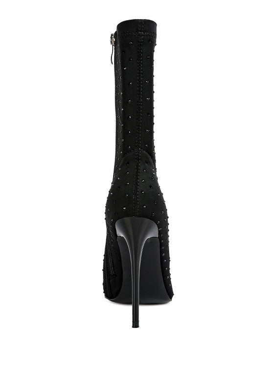Stylish black ankle boots with stiletto heels and decorative embellishments, featuring a sleek design