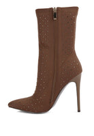 Rag Company red knitted stiletto ankle boots with studded design and sleek pointed toe
