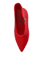 Rag Company red knitted stiletto ankle boots featuring studded detailing for stylish elevation