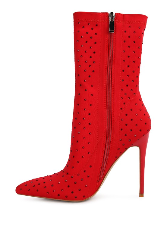 Stylish red knitted stiletto ankle boots with studded detailing and a sleek zipper closure
