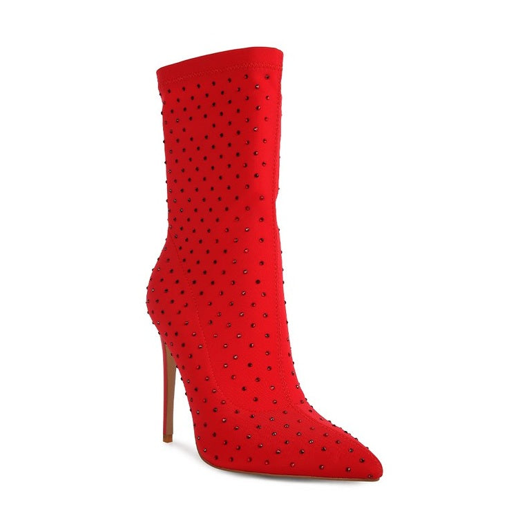 Stylish red knitted stiletto ankle boots adorned with rhinestones for trendy women