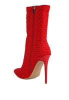 Stylish red knitted stiletto ankle boots with studded design and zip closure at the back