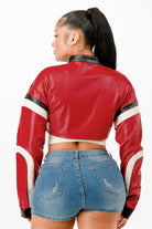 Stylish red leather cropped biker jacket with contrasting black and white details for a bold look