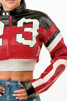 Red leather cropped biker jacket featuring sporty design and bold numbers on the front