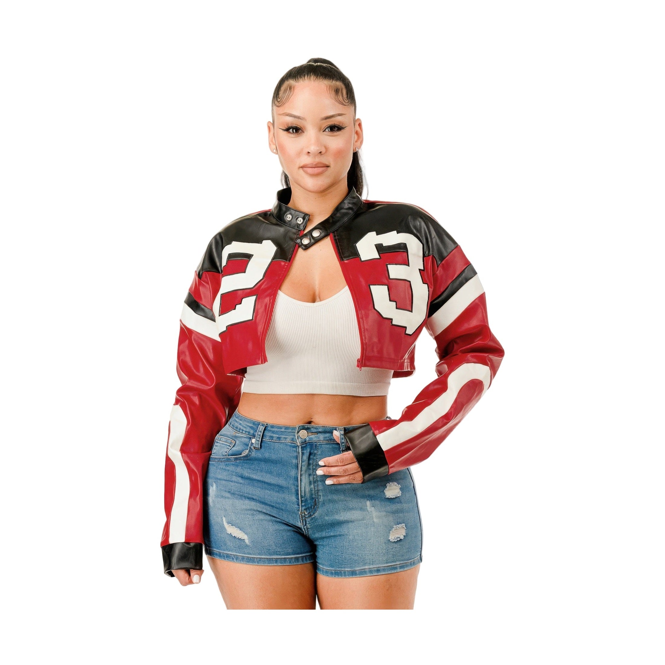 Stylish red leather cropped biker jacket featuring bold graphics and a fitted design for a trendy look