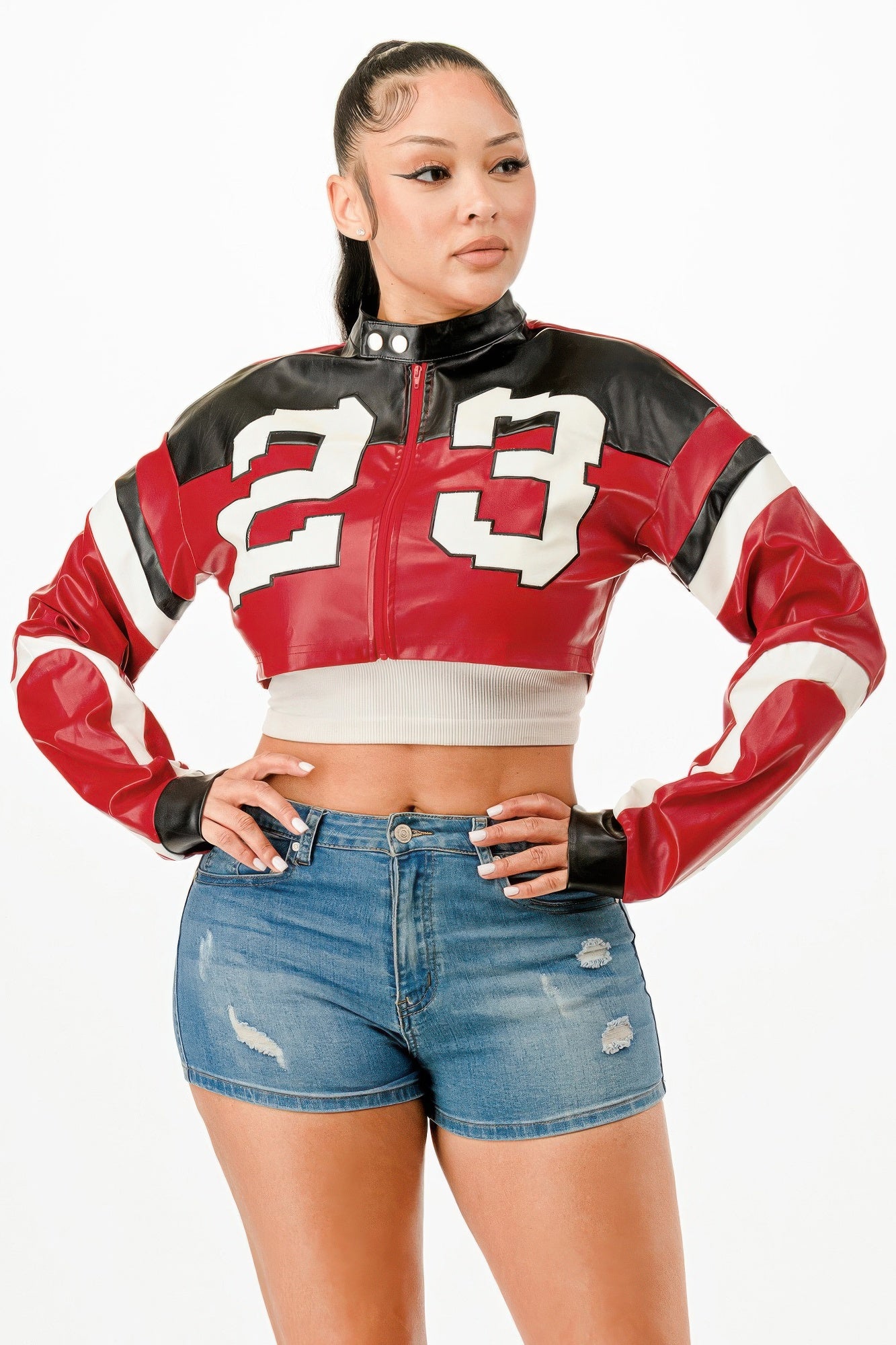Red leather cropped biker jacket with bold graphics and sporty style for women