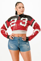 Red leather cropped biker jacket with bold graphics and sporty style for women