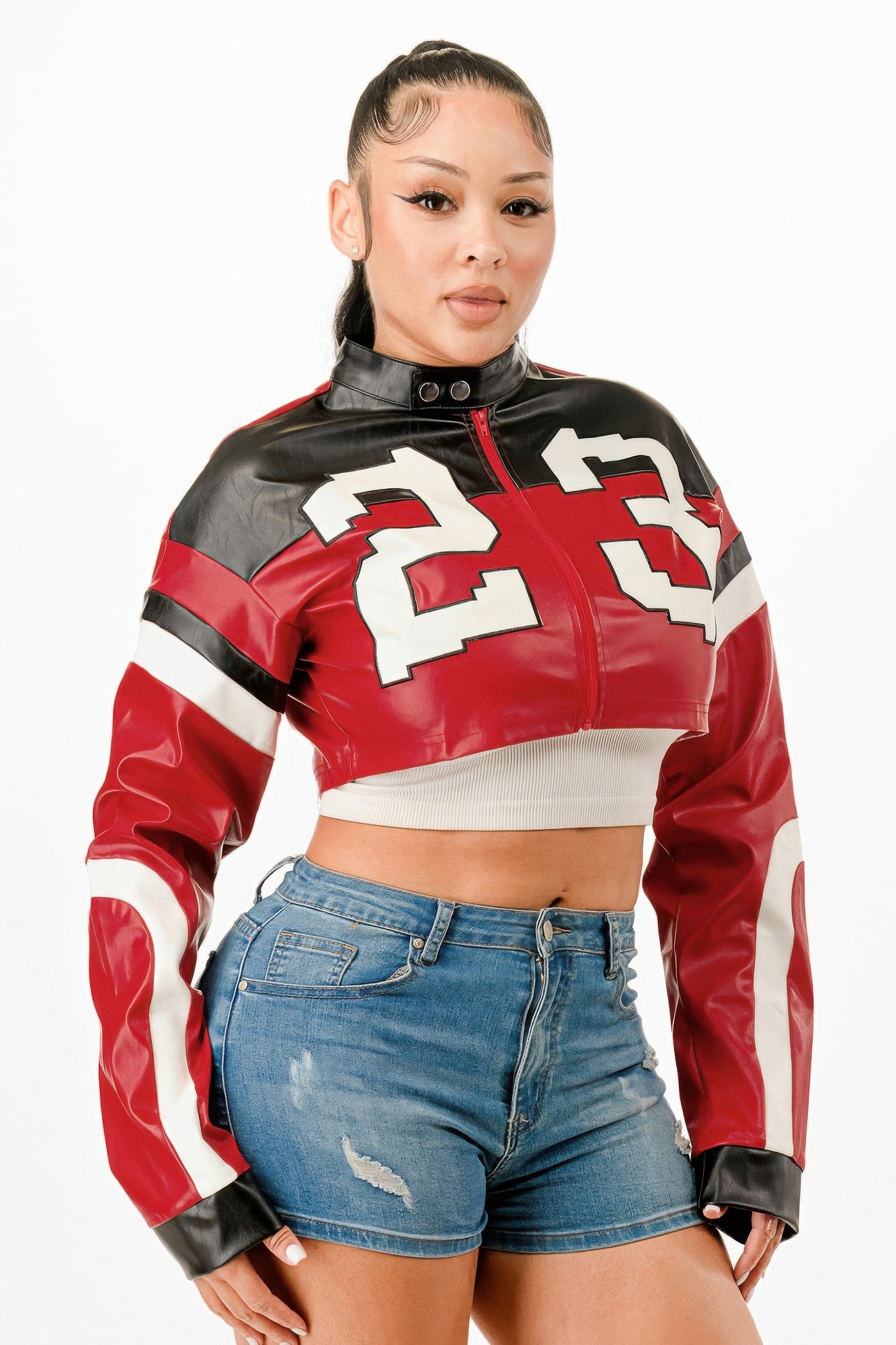 Stylish red leather cropped biker jacket with bold graphics for a trendy look