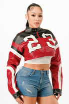 Stylish red leather cropped biker jacket with bold graphics for a trendy look