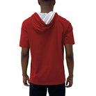 Back view of a man wearing a red mens holiday tee with a hood for stylish comfort