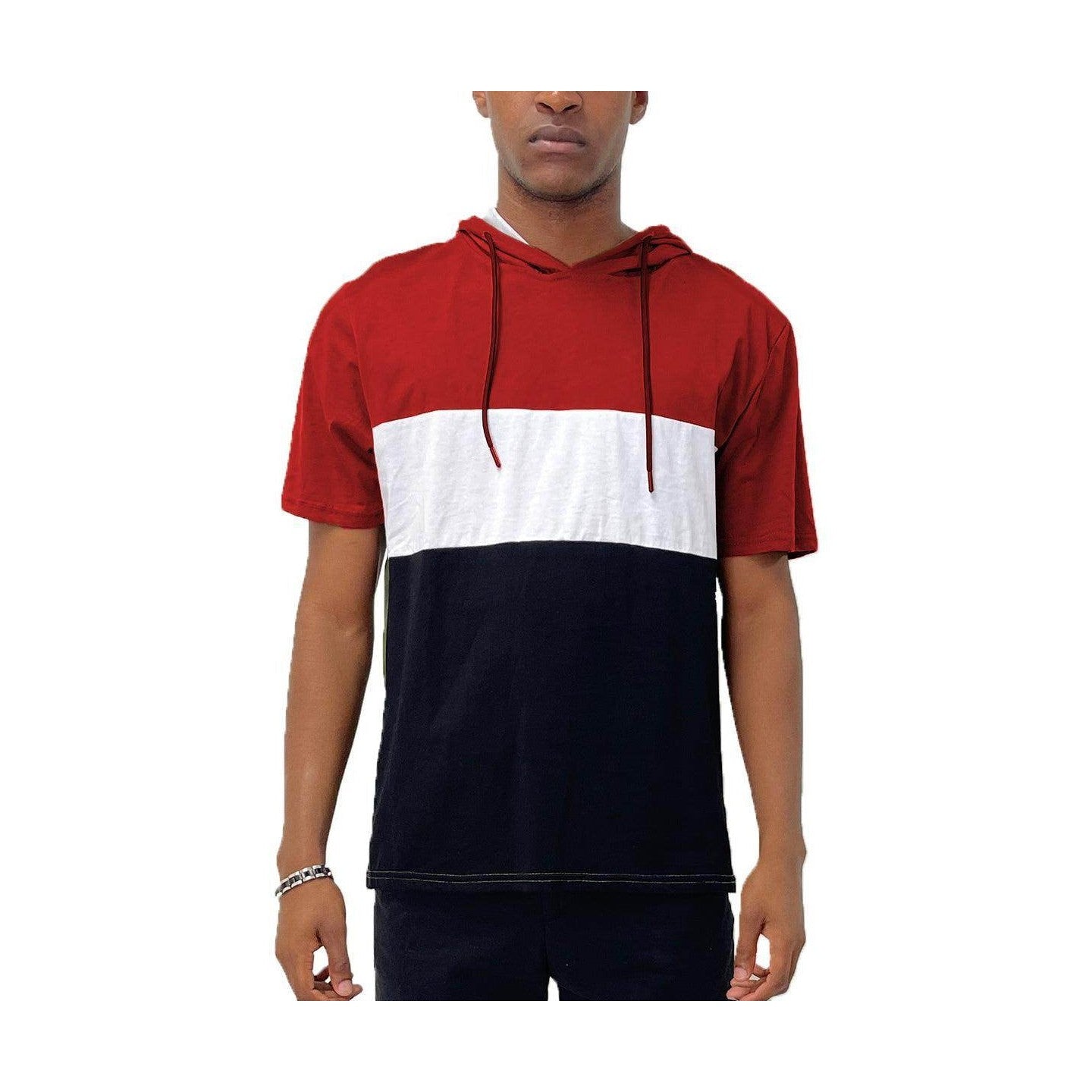 Red mens holiday tee with hood and tri-color design in red, white, and black for casual wear