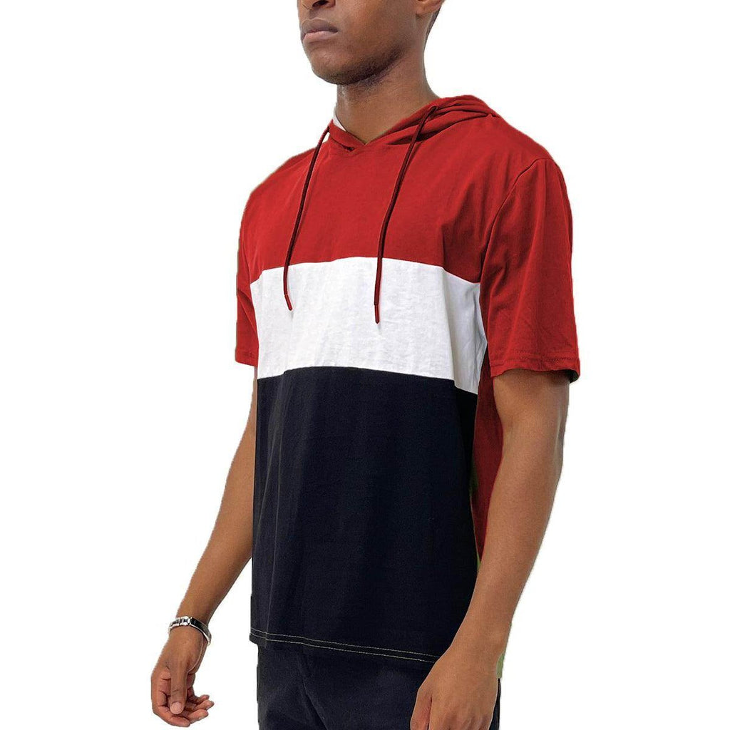 Red mens holiday tee with white and black color block design and hood for a stylish casual look
