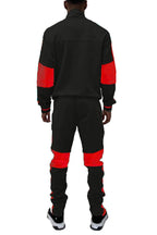Men's 2PC Track Set in black with red multi accents, perfect for casual wear and active lifestyle.