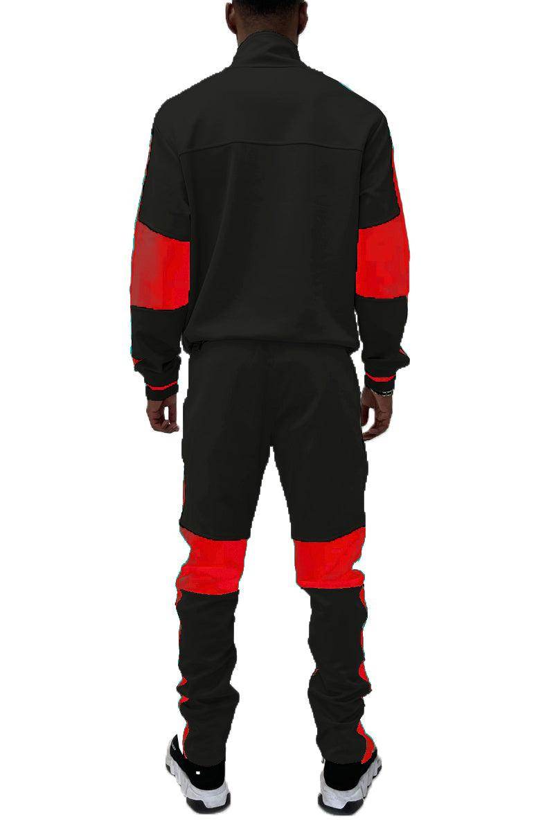 Men's 2PC Track Set in black with red multi accents, perfect for casual wear and active lifestyle.