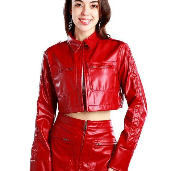 Women's Coats & Jackets Red or Cream Faux Leather Crop Jackets