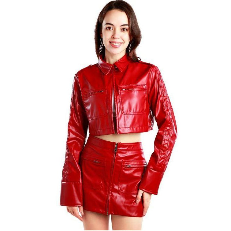 Red or Cream Faux Leather Crop Jackets - VacationGrabs