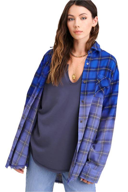 Women's blue plaid casual shirt by La Miel with a relaxed fit and stylish design
