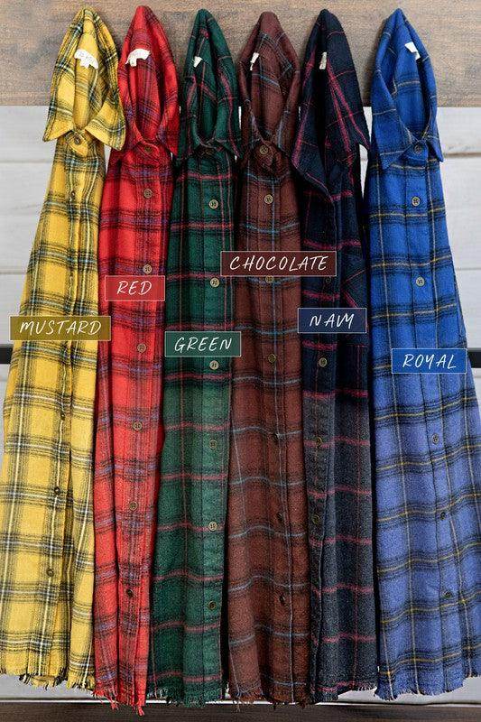 Collection of La Miel women's shirts featuring a red plaid casual shirt among colorful options