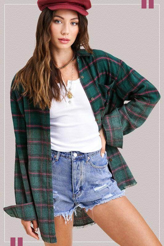 La Miel red plaid casual shirt styled with a white tank top and denim shorts for a trendy look
