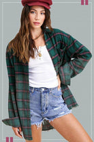La Miel red plaid casual shirt styled with a white tank top and denim shorts