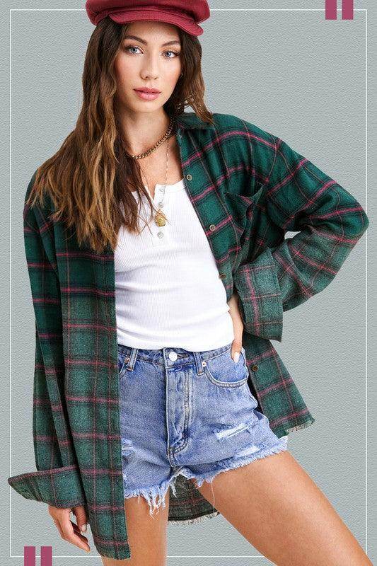 La Miel red plaid casual shirt styled with a white tank top and denim shorts