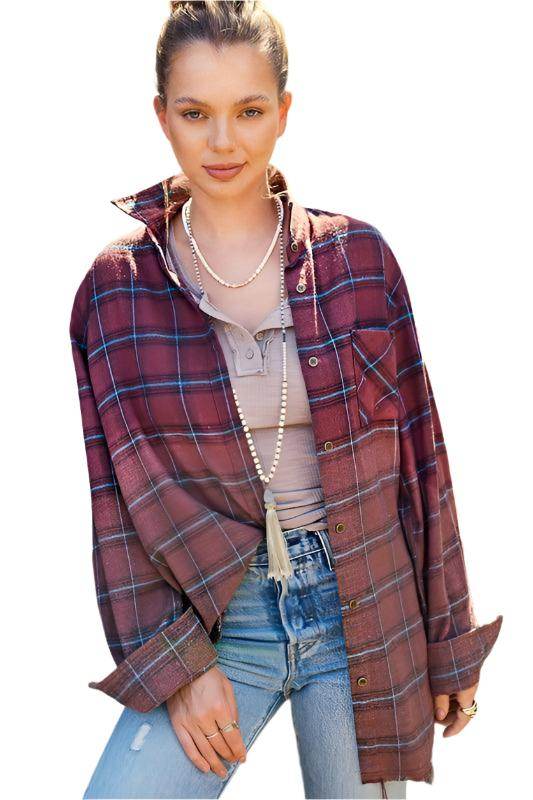 La Miel red plaid casual shirt in oversized fit, perfect for relaxed styling and layering